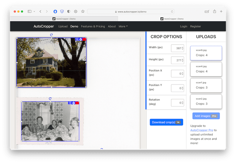 Reviewing the detected individual scans on AutoCropper web application