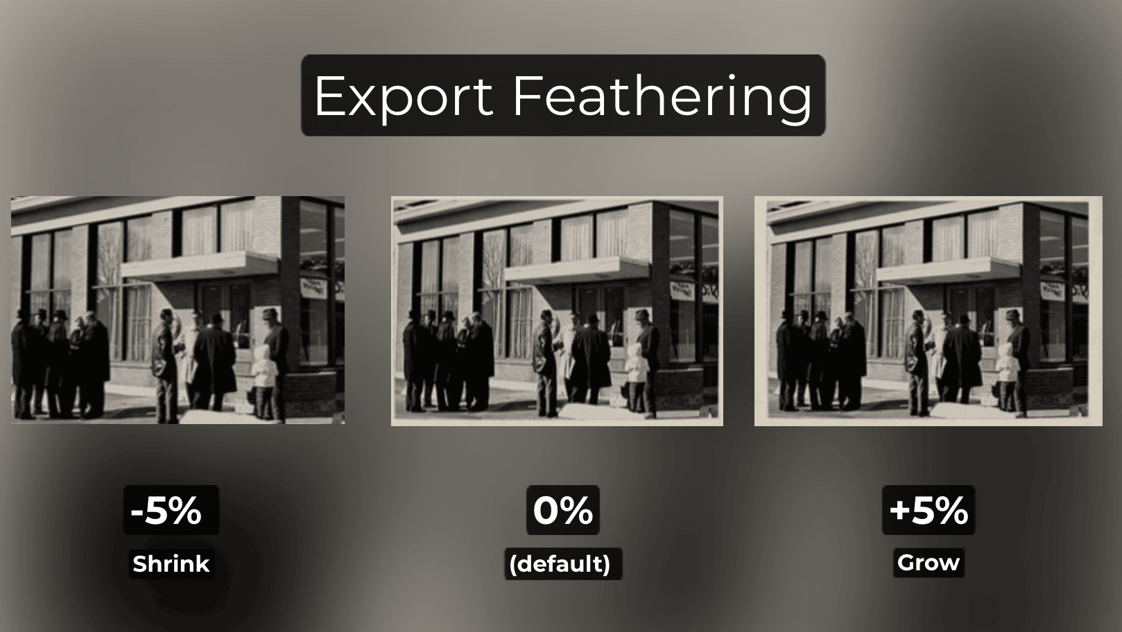 Three example outputs using different Crop Export Feathering values on the same original crop, from shrinking -5%, to the default area or 0%, to a growth of 5% (left to right).