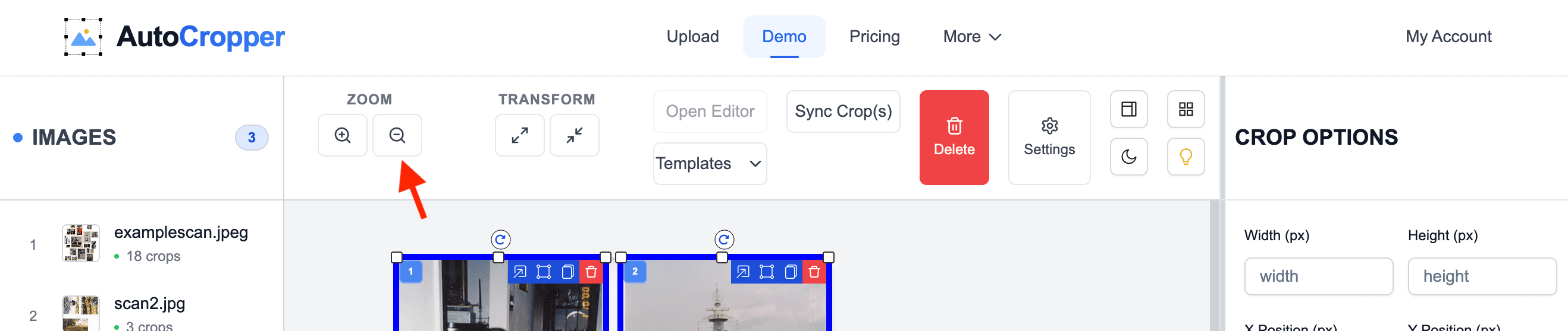 Screenshot of the AutoCropper user interface with the Zoom Out button in the Top Toolbar pointed to by red arrow