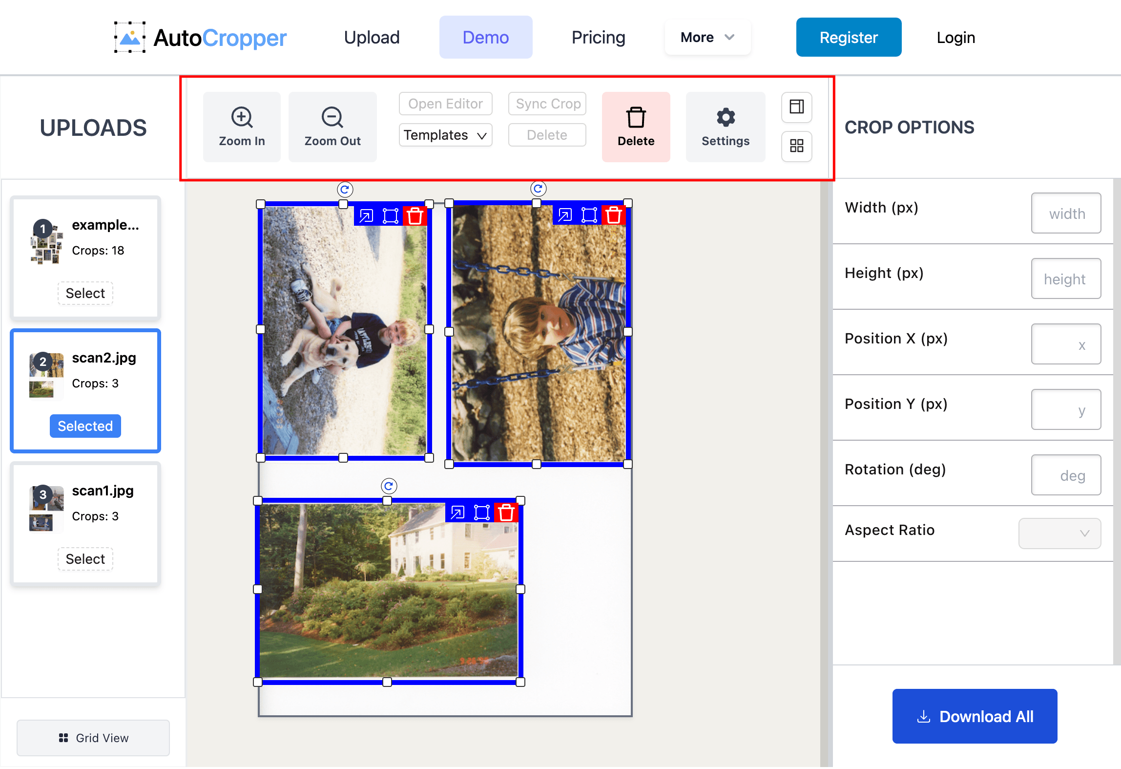 Screenshot of the AutoCropper user interface with the Top Toolbar highlighted by a red rectangle, showcasing buttons like Zoom In, Zoom Out, Open Editor, Delete, Sync Crop, Settings, Change Sidebar, and Grid View/Single View.