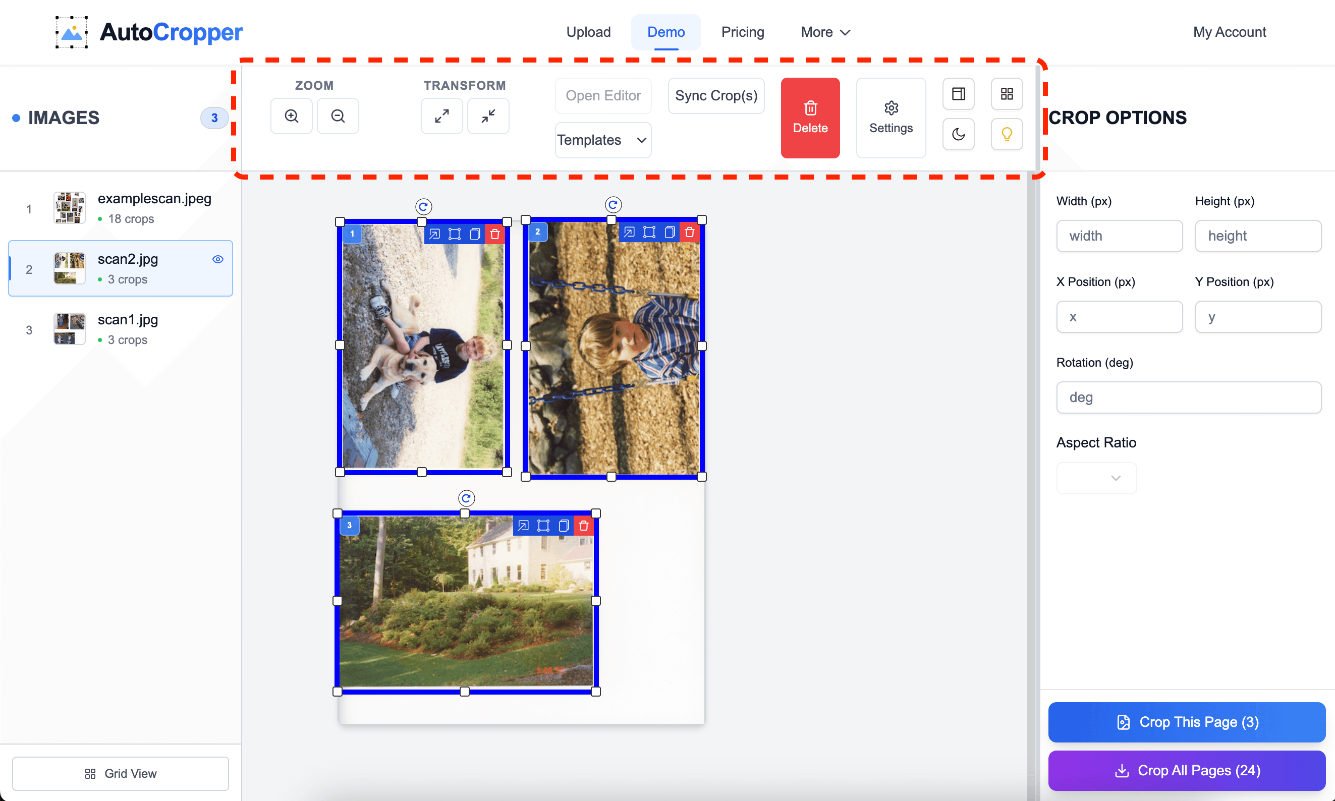 Screenshot of the AutoCropper user interface with the Top Toolbar highlighted by a red rectangle, showcasing buttons like Zoom In, Zoom Out, Open Editor, Delete, Sync Crop, Settings, Change Sidebar, and Grid View/Single View.