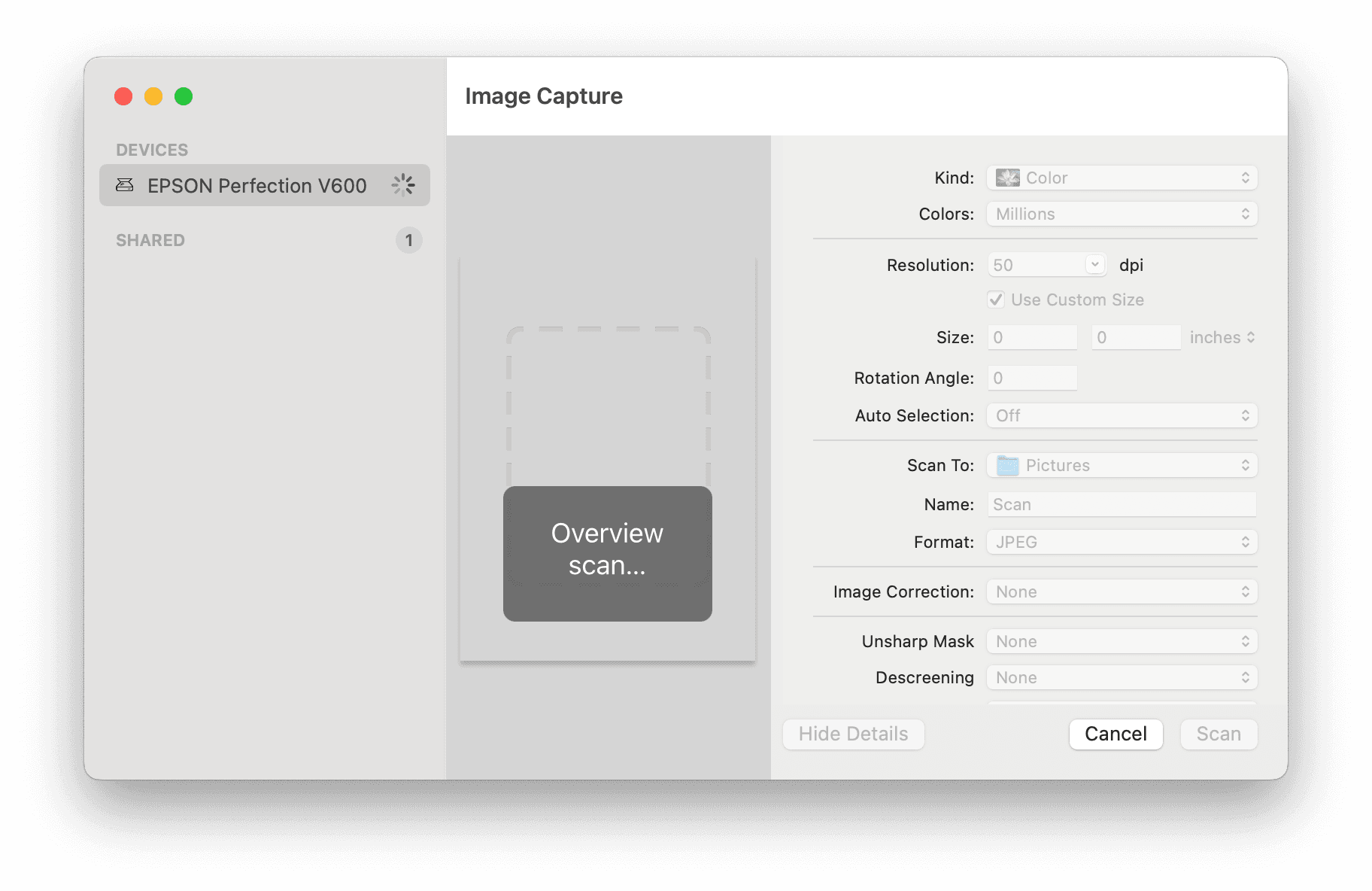 Apple Image Capture scanning application user interface