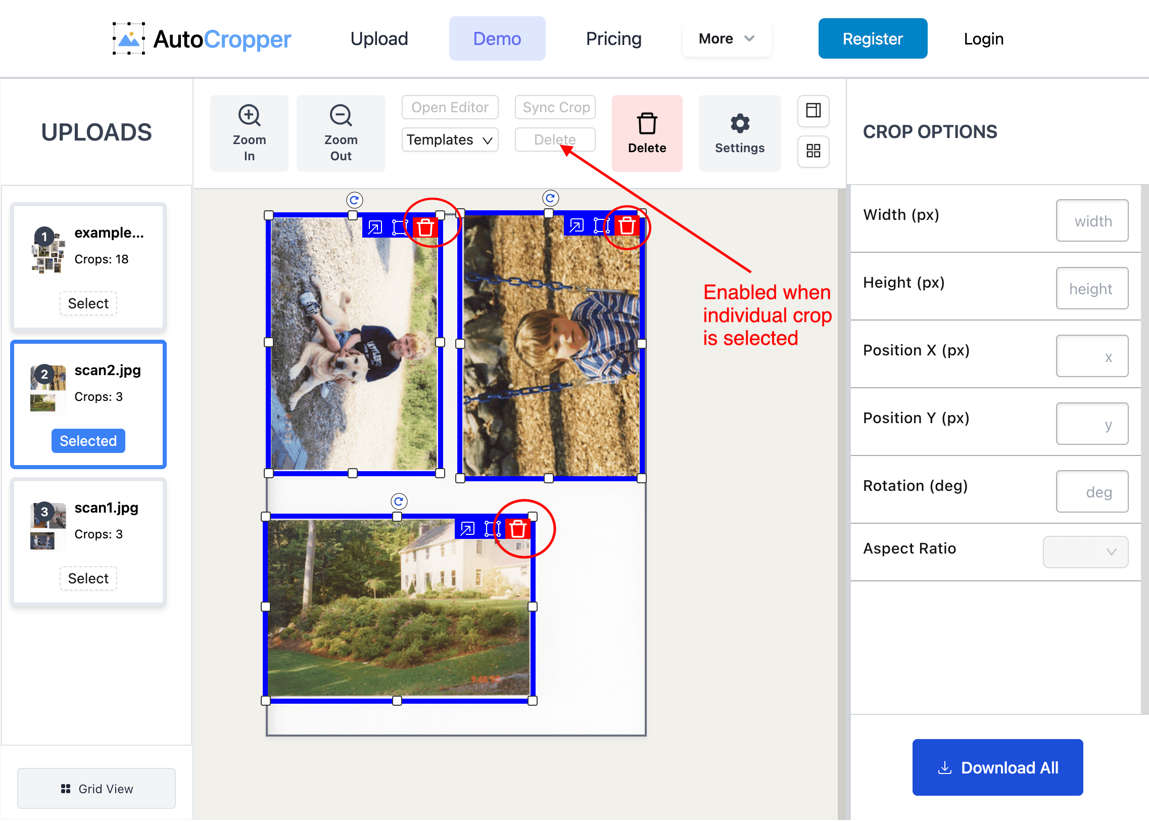 AutoCropper scan splitting tool UI showing three crop areas, one for each scanned image, with delete buttons circled in red.