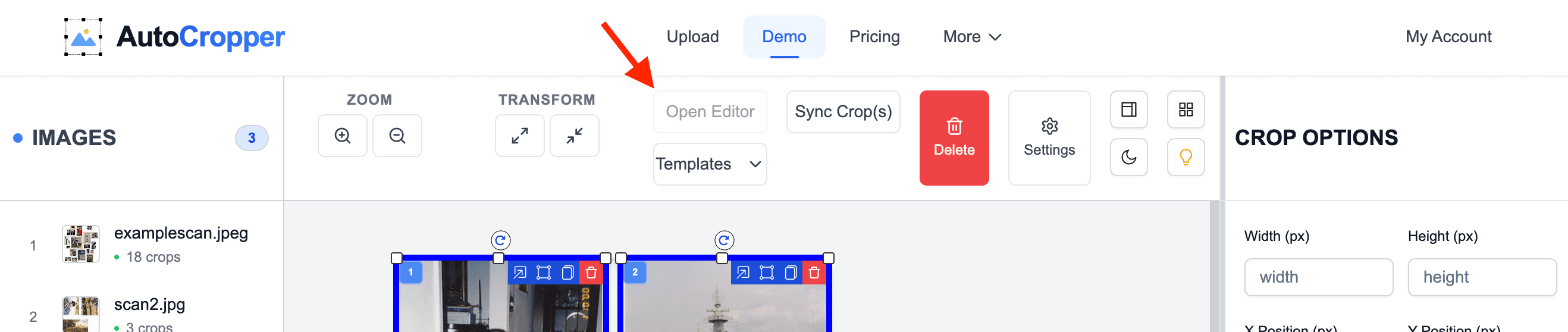 Screenshot of the AutoCropper user interface with the Open Editor button in the Top Toolbar outlined by a red rectangle.