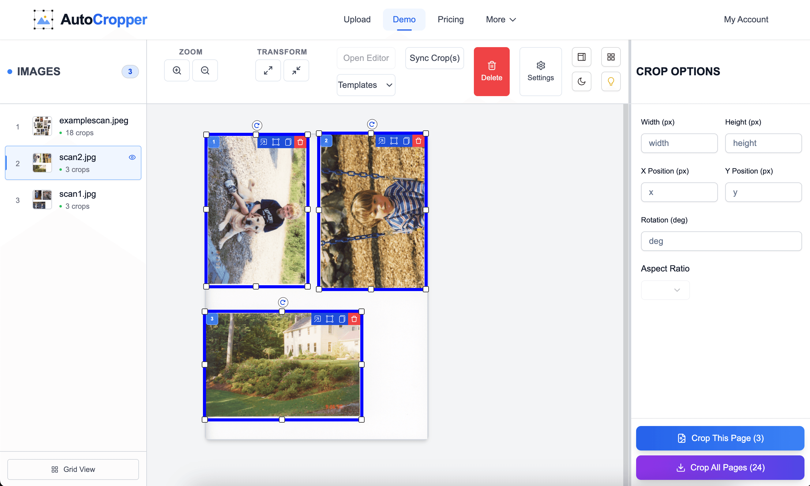 AutoCropper user interface displaying a scanned document with three photos highlighted by movable blue rectangles, indicating areas selected for individual export as separate files.