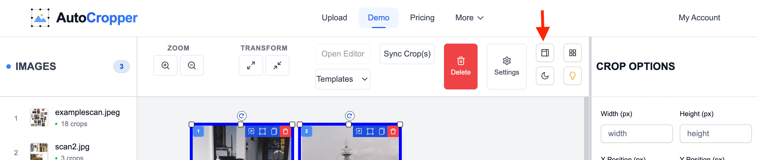 Screenshot of the AutoCropper user interface with the Change Sidebar button in the Top Toolbar outlined by a red rectangle.