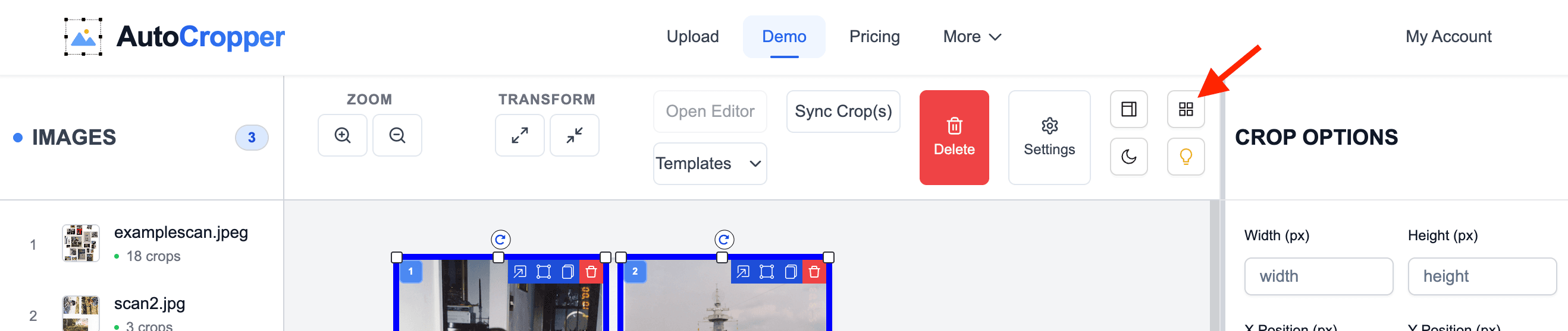 Screenshot of the AutoCropper user interface with the Grid View / Single View button in the Top Toolbar outlined by a red rectangle.