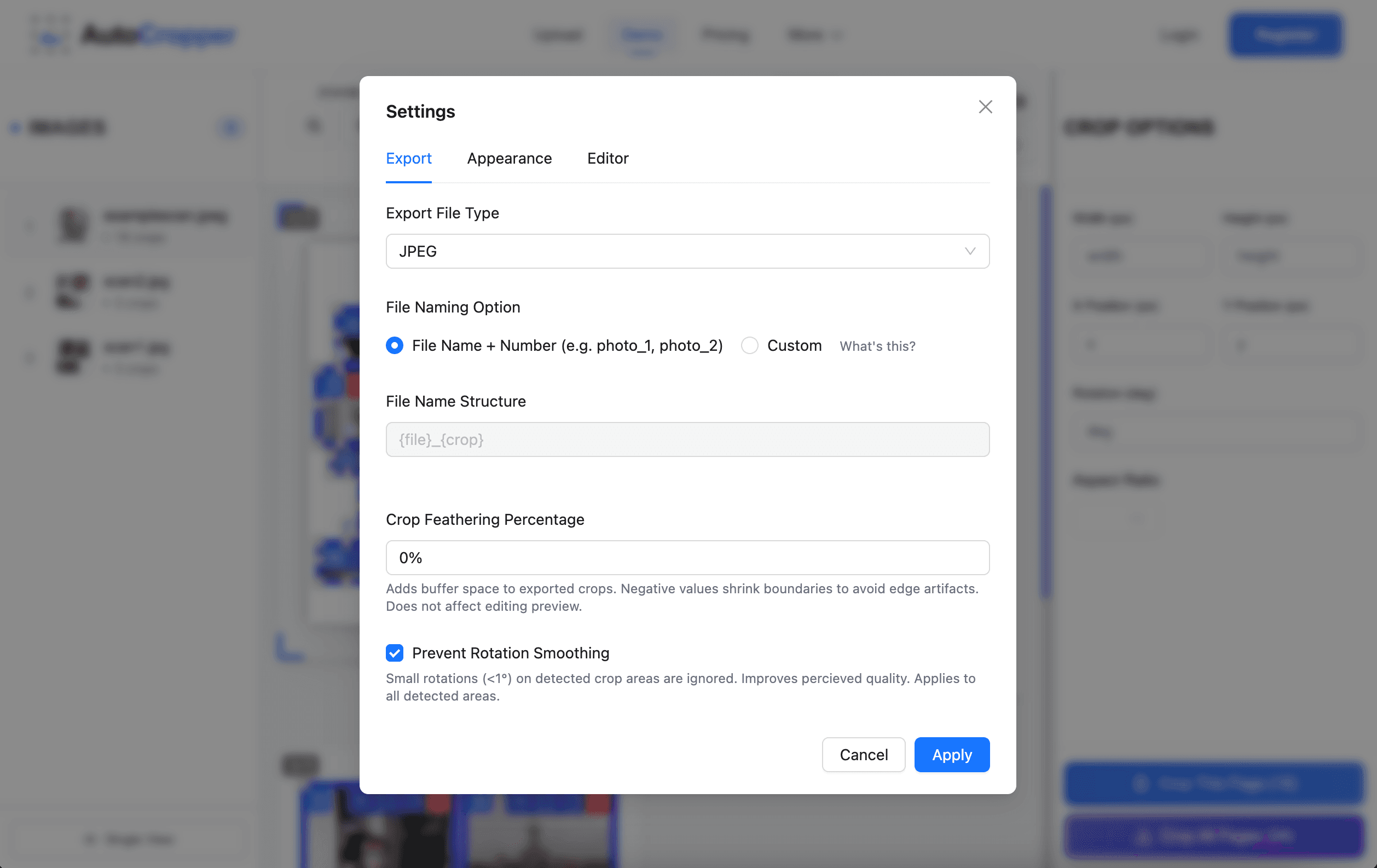 Screenshot of the AutoCropper app Settings modal, with options to change the export image file type (JPEG, PNG), file name structure, and feathering percentage.