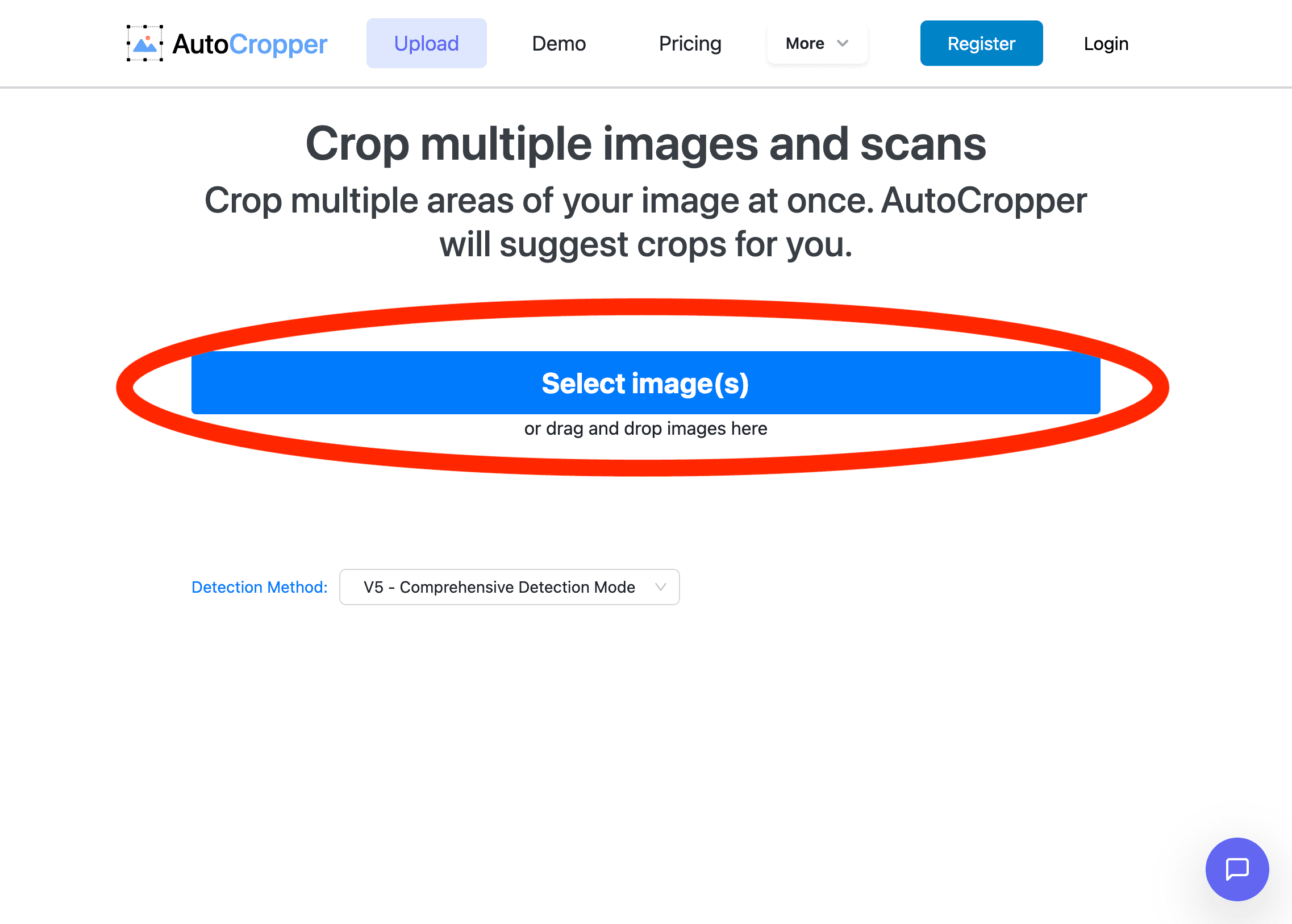 Upload one or multiple PNG, JPG, and PDF scans to AutoCropper