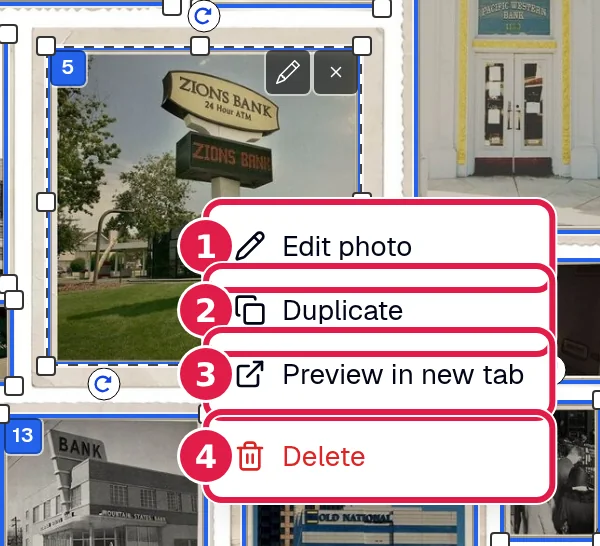 A crop with its right-click menu open: Edit photo, Duplicate, Preview in new tab and Delete