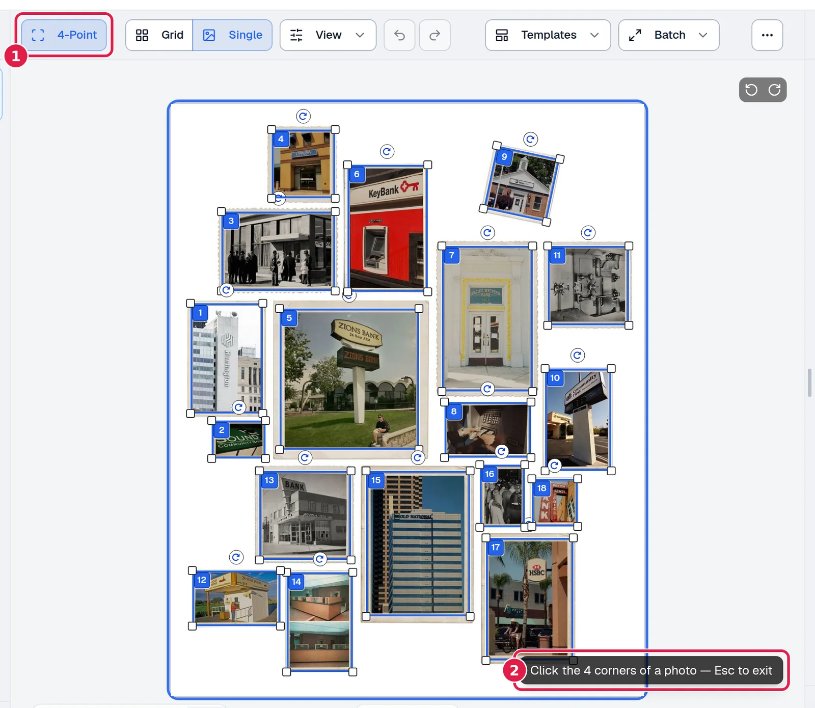 The canvas with the 4-Point tool armed: the 4-Point button highlighted in the toolbar, a blue ring around the scan and a hint pill asking for the four corners of a photo